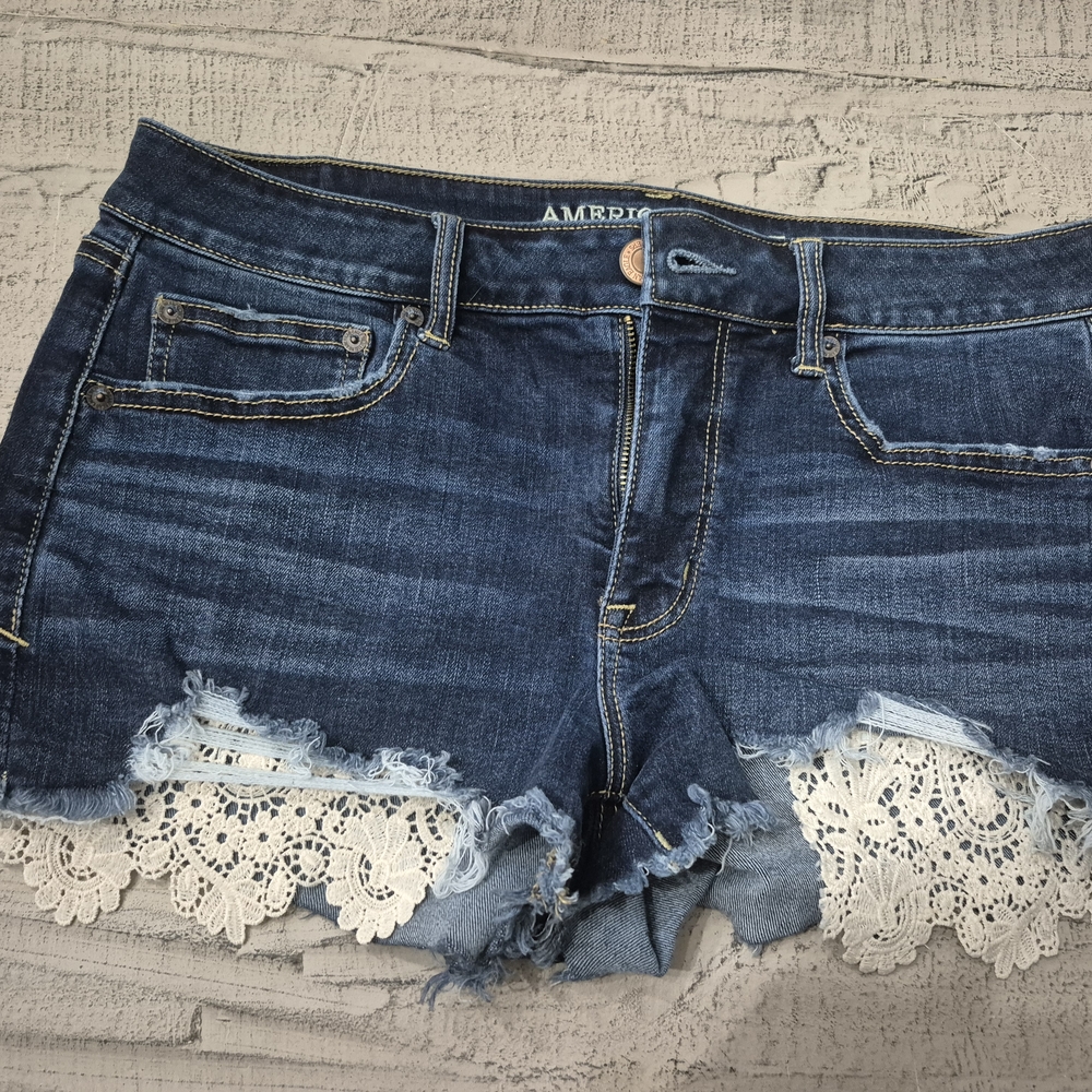 American Eagle Outfitters Women's Blue Denim Shorts with Lace Trim